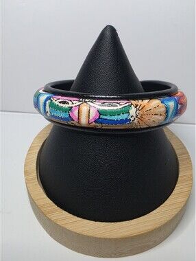 Vintage Mayan Leather Bangle Hand Painted Tribal Mask eye Design Bracelet